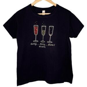 St. Kitt’s Going, Going…Gone! Bedazzled Short Sleeve Black T-Shirt. Tee. Medium.